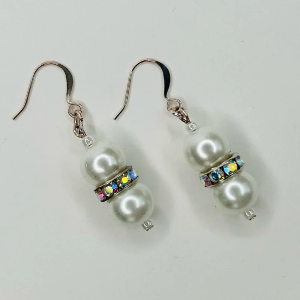 HAND CRAFTED Pearl EARRINGS White Silver Czech Crystal Rondelle Drop NWT - Picture 1 of 10